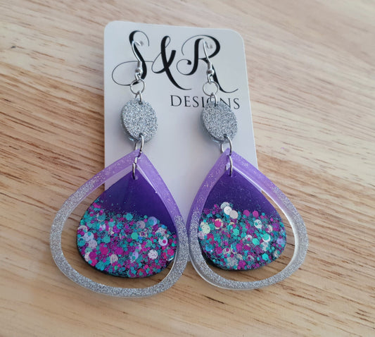 Holographic Double Teardrop Long Hook Earrings, Purple, Teal and Silver Glitter Resin Dangles, Stainless Steel Earrings, Statement Earrings
