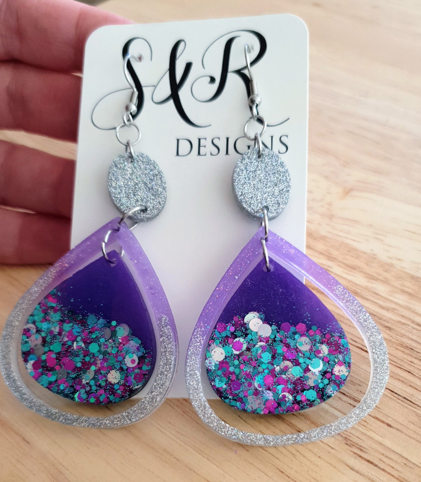 Holographic Double Teardrop Long Hook Earrings, Purple, Teal and Silver Glitter Resin Dangles, Stainless Steel Earrings, Statement Earrings