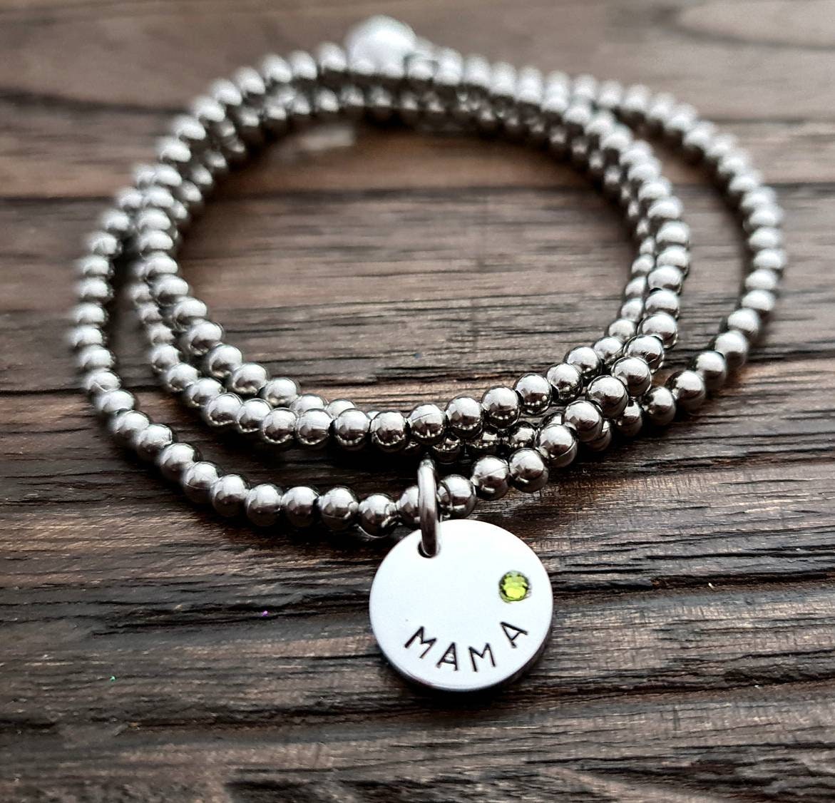 Personalised Birthstone Bracelet, Hand stamped Triple wrap ball bracelet, personalised birthstone charm bracelet, Magnetic Bracelet Necklace