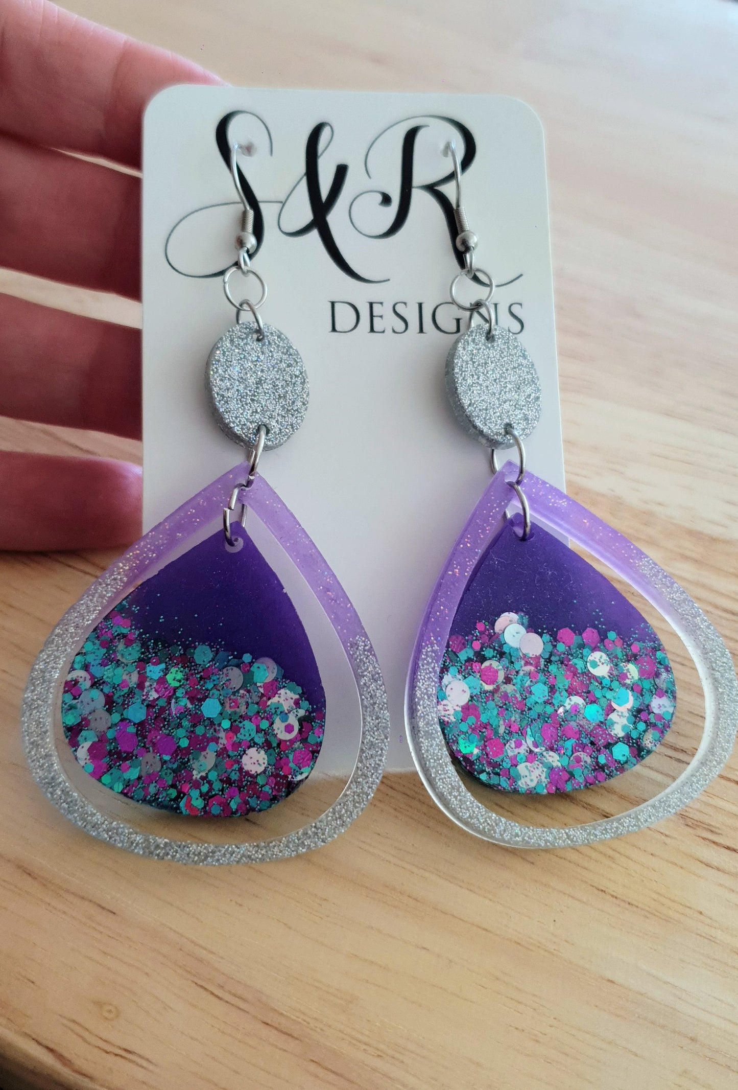 Holographic Double Teardrop Long Hook Earrings, Purple, Teal and Silver Glitter Resin Dangles, Stainless Steel Earrings, Statement Earrings