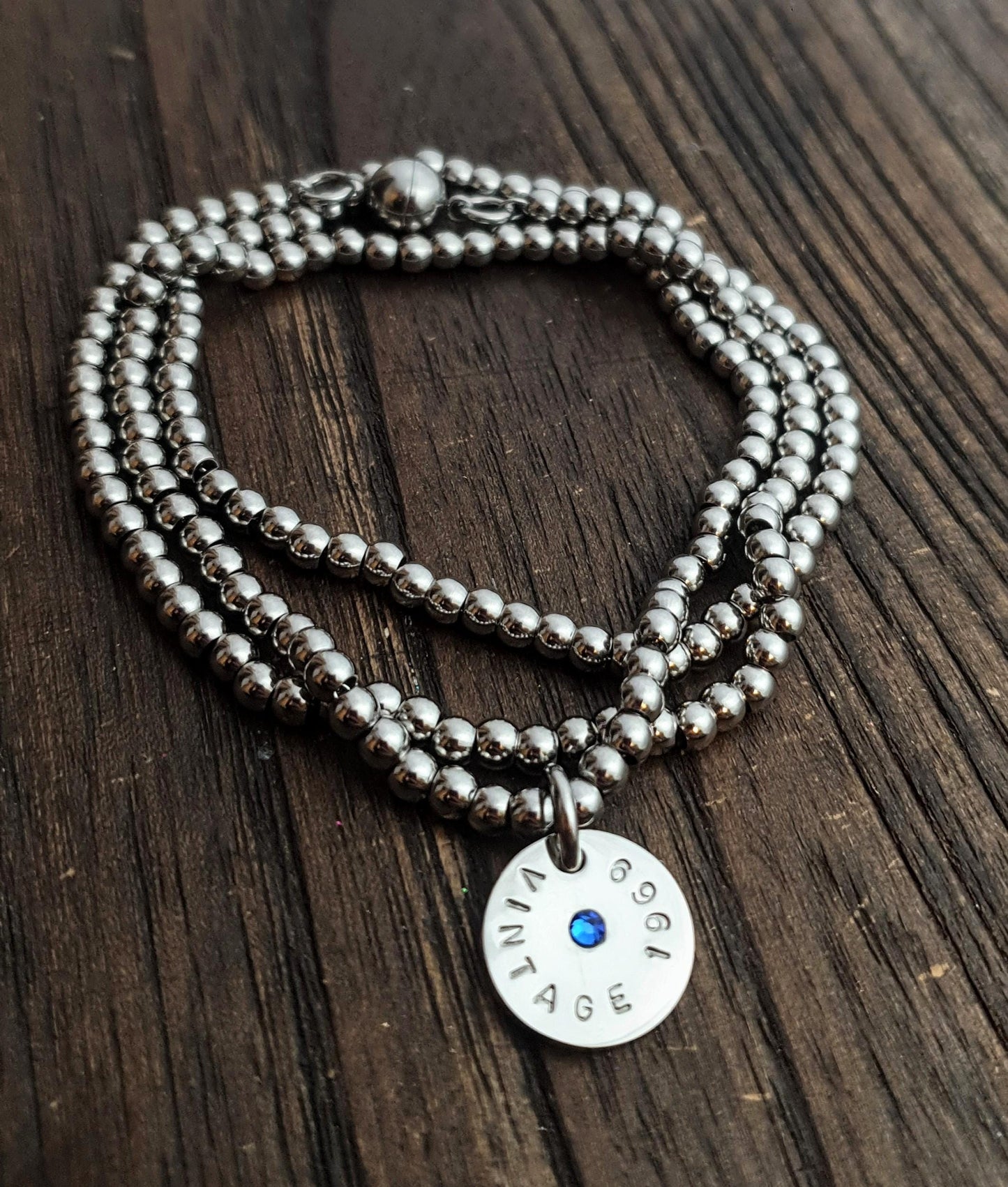 Personalised Birthstone Bracelet, Hand stamped Triple wrap ball bracelet, personalised birthstone charm bracelet, Magnetic Bracelet Necklace
