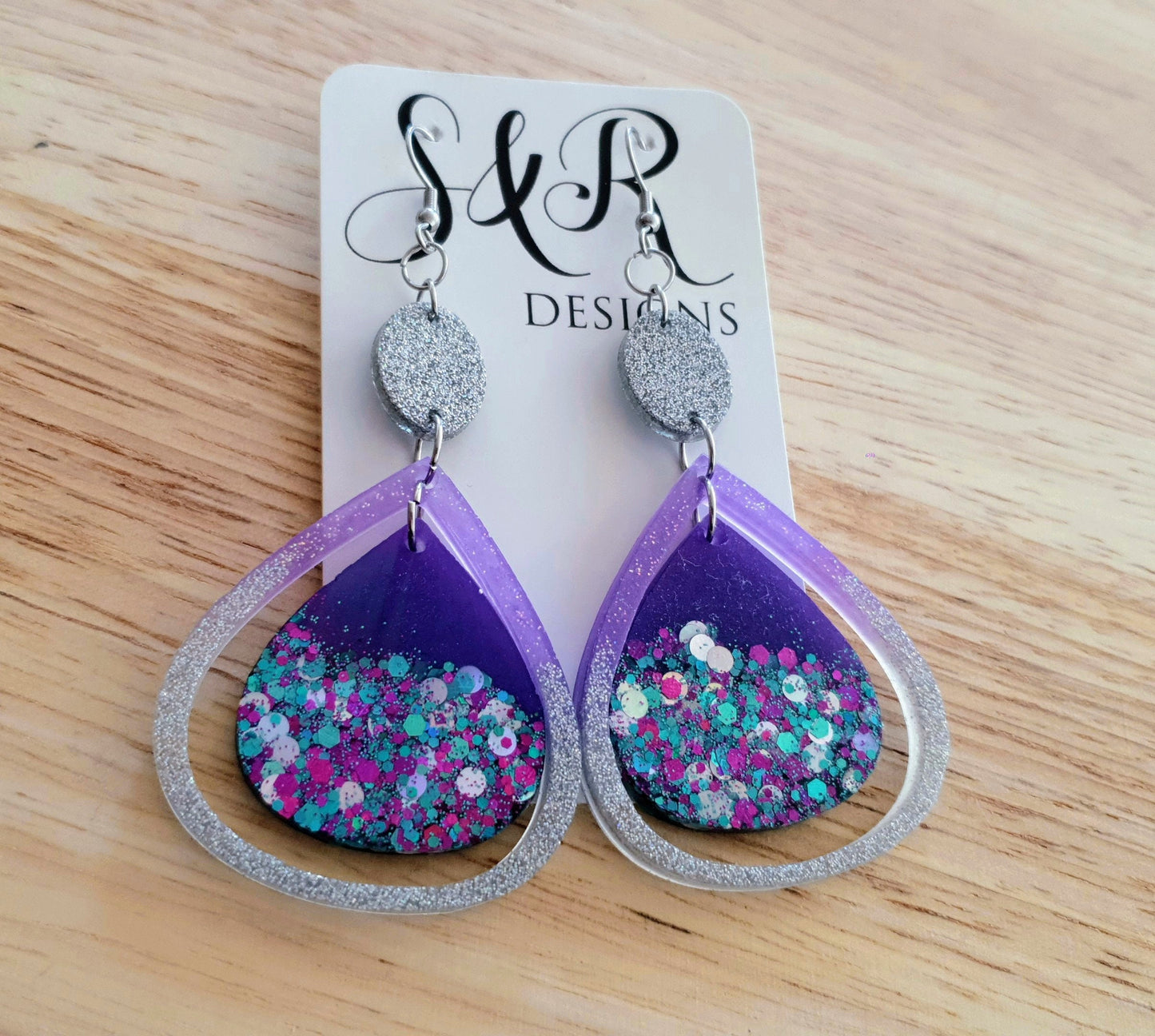 Holographic Double Teardrop Long Hook Earrings, Purple, Teal and Silver Glitter Resin Dangles, Stainless Steel Earrings, Statement Earrings