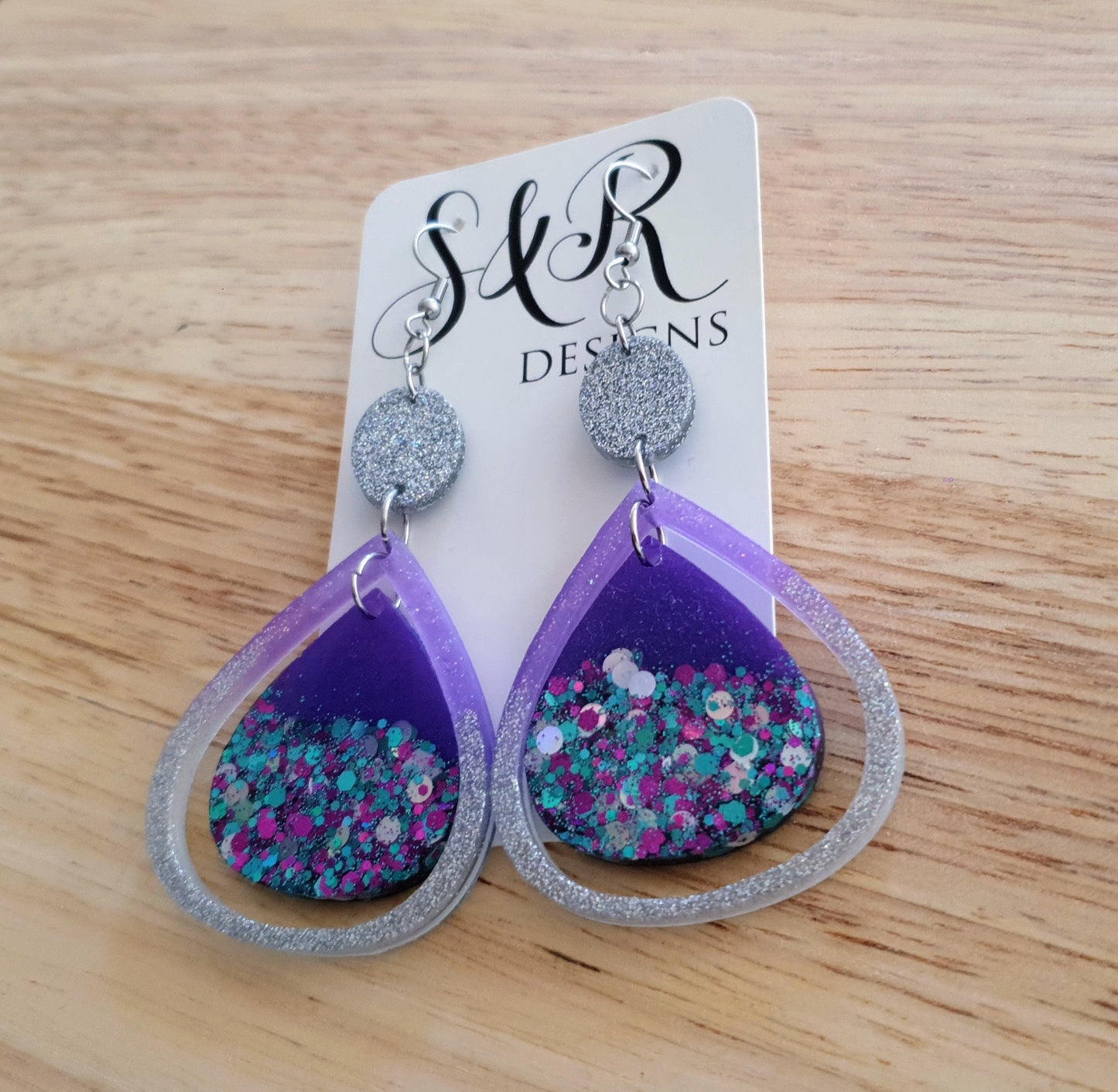 Holographic Double Teardrop Long Hook Earrings, Purple, Teal and Silver Glitter Resin Dangles, Stainless Steel Earrings, Statement Earrings