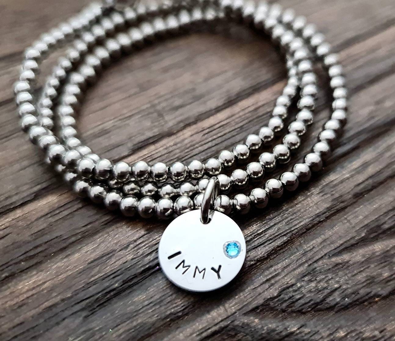 Personalised Birthstone Bracelet, Hand stamped Triple wrap ball bracelet, personalised birthstone charm bracelet, Magnetic Bracelet Necklace