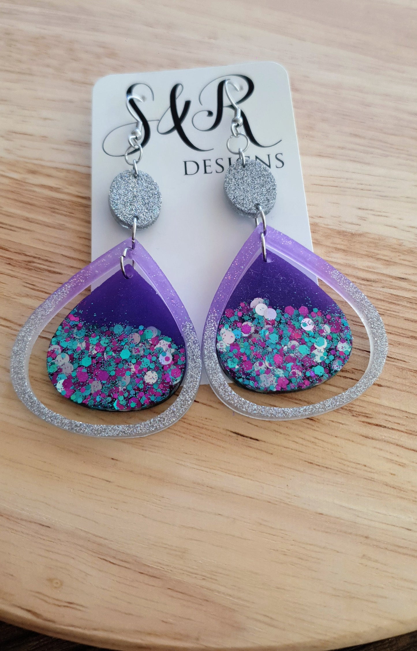 Holographic Double Teardrop Long Hook Earrings, Purple, Teal and Silver Glitter Resin Dangles, Stainless Steel Earrings, Statement Earrings