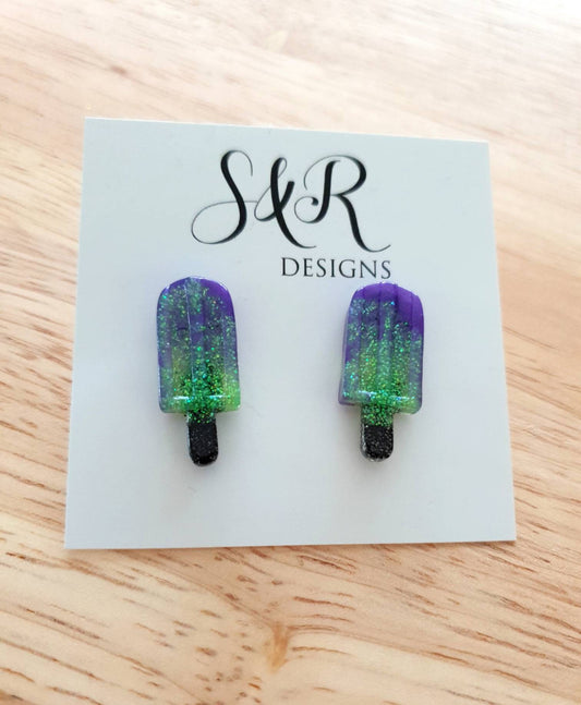 Putple Icy Pole Stud Earrings, Purple, Green, Black Glitter Ice Cream Earrings, Statement Food Lover Earrings