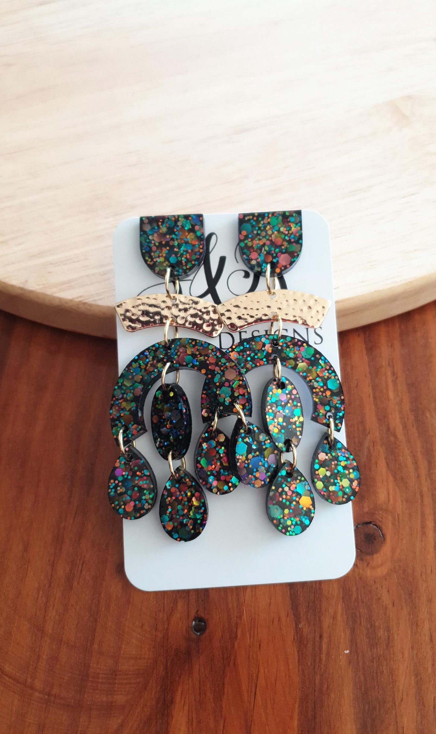 Black Rainbow Oversized Chandelier With Hammered Arch Dangle Earrings, Black Rainbow Chunky Glitter Dangles, Statement Long Glitter Earrings