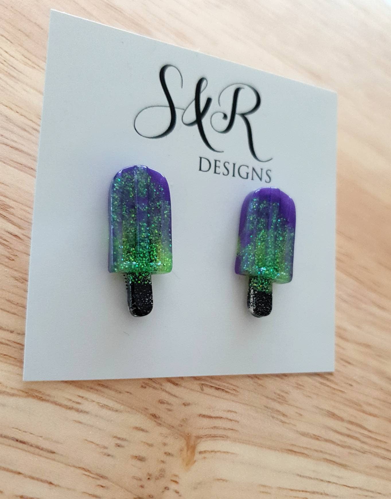 Putple Icy Pole Stud Earrings, Purple, Green, Black Glitter Ice Cream Earrings, Statement Food Lover Earrings