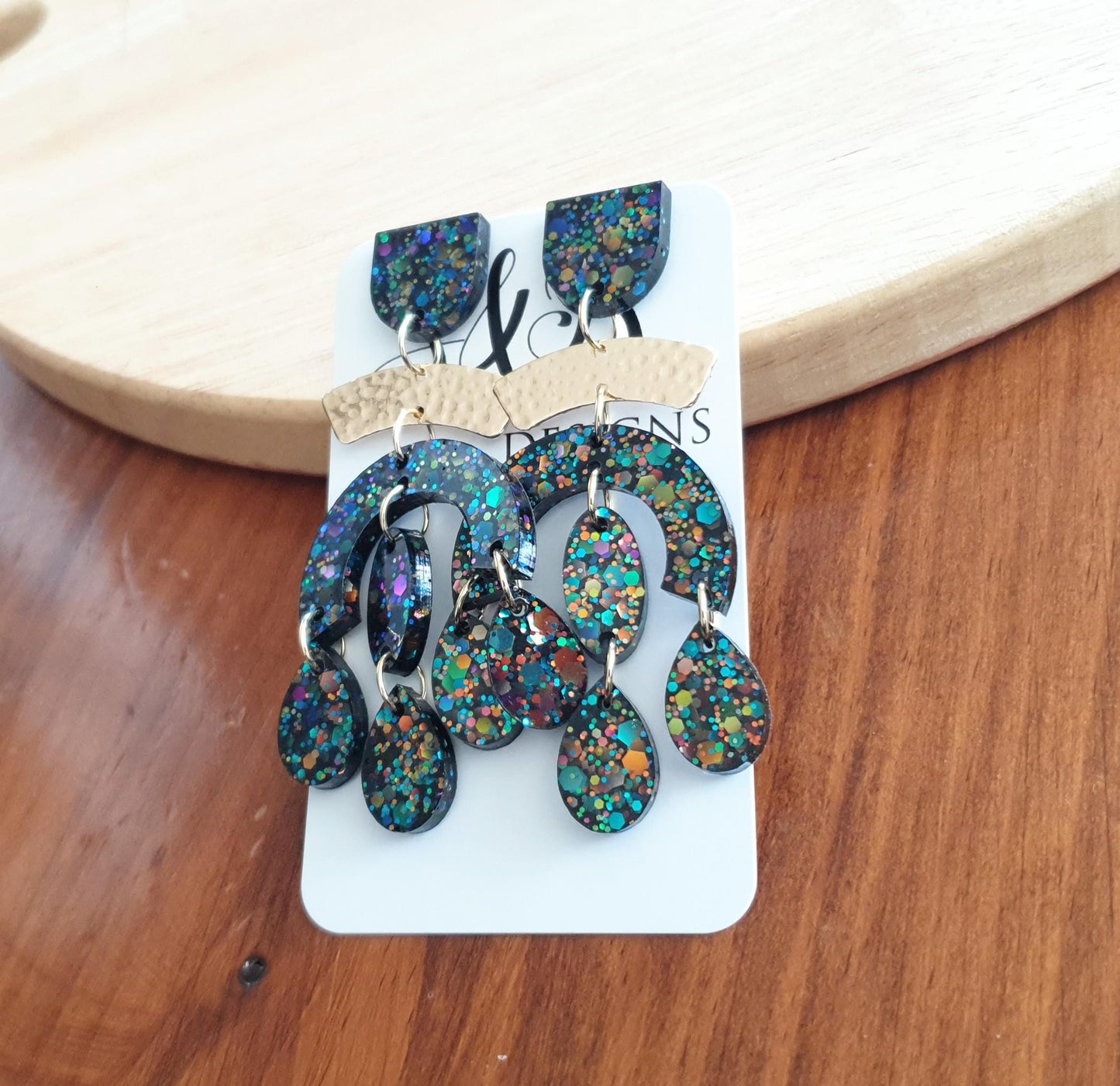 Black Rainbow Oversized Chandelier With Hammered Arch Dangle Earrings, Black Rainbow Chunky Glitter Dangles, Statement Long Glitter Earrings