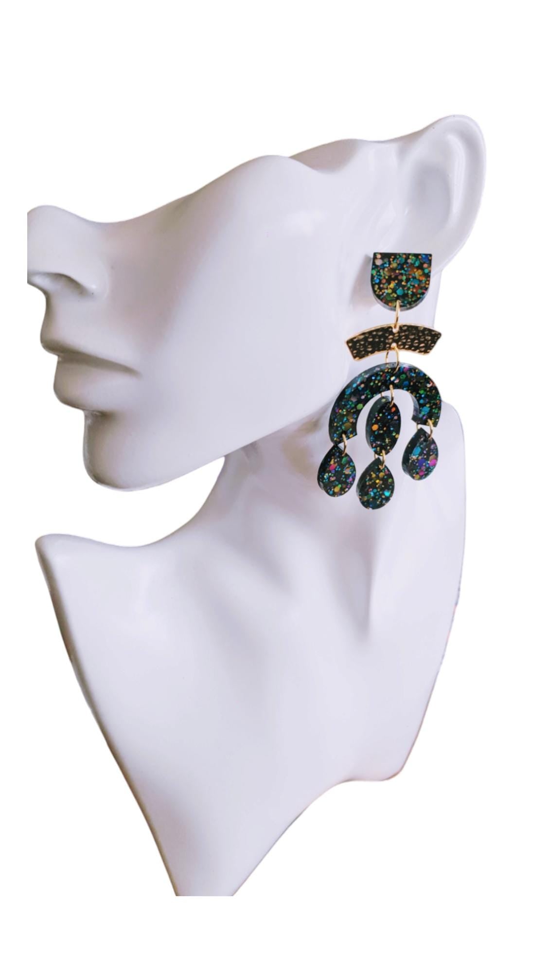 Black Rainbow Oversized Chandelier With Hammered Arch Dangle Earrings, Black Rainbow Chunky Glitter Dangles, Statement Long Glitter Earrings