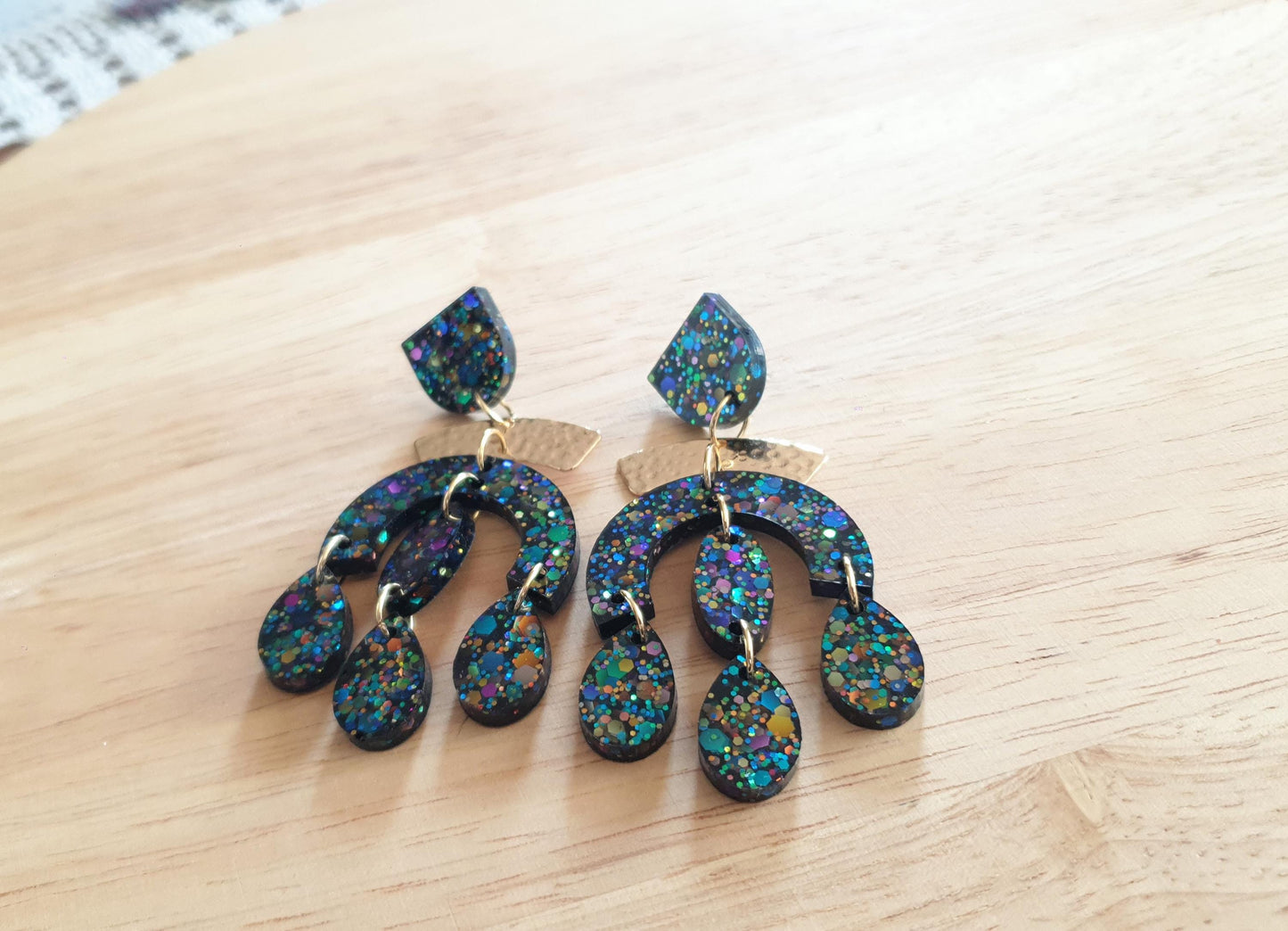 Black Rainbow Oversized Chandelier With Hammered Arch Dangle Earrings, Black Rainbow Chunky Glitter Dangles, Statement Long Glitter Earrings