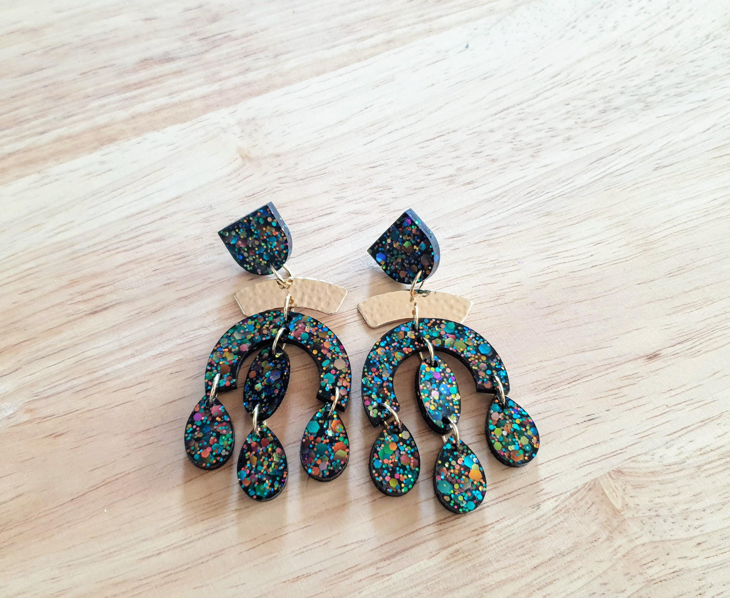 Black Rainbow Oversized Chandelier With Hammered Arch Dangle Earrings, Black Rainbow Chunky Glitter Dangles, Statement Long Glitter Earrings