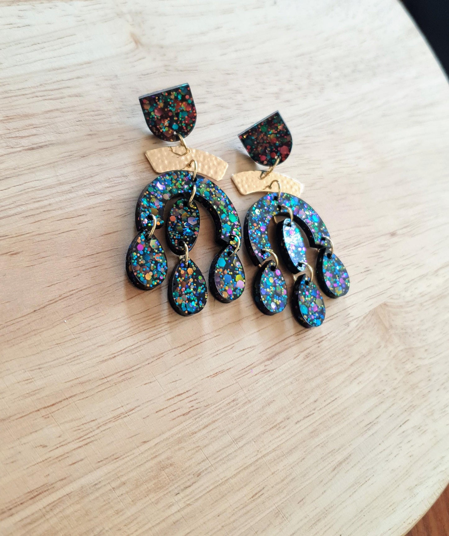 Black Rainbow Oversized Chandelier With Hammered Arch Dangle Earrings, Black Rainbow Chunky Glitter Dangles, Statement Long Glitter Earrings