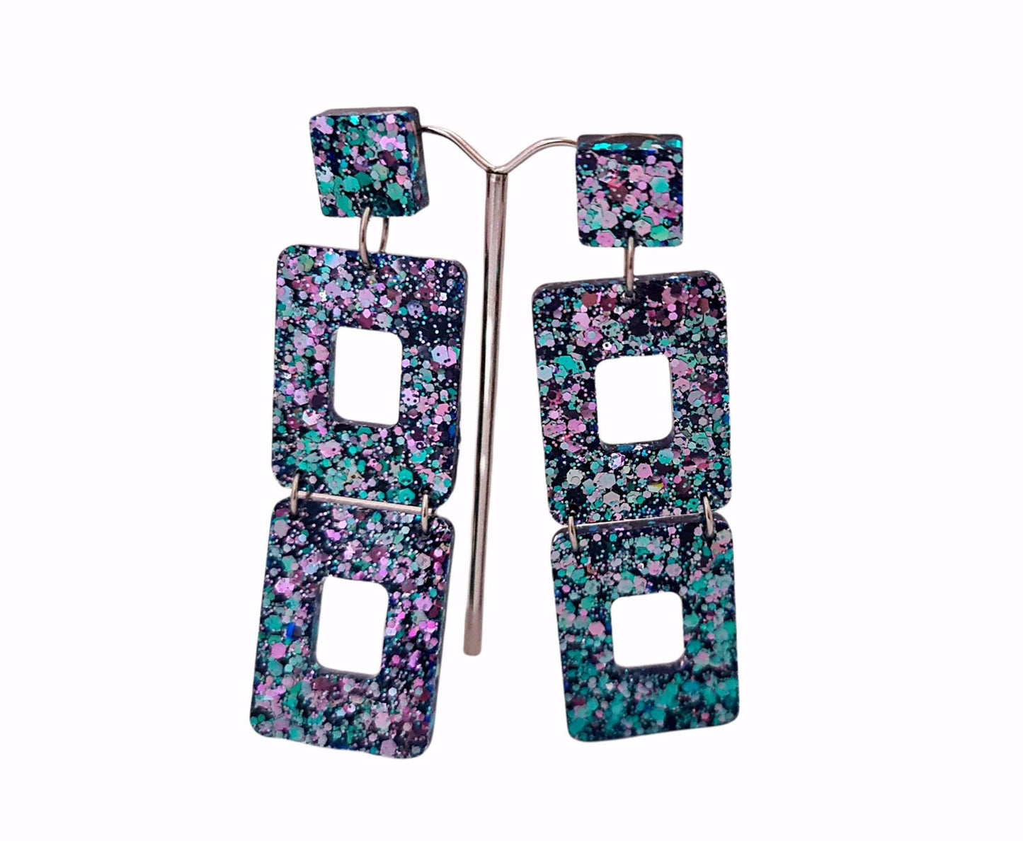 Long Square Earrings, Long Resin Dangles, Pink, Blue Chameleon Chunky Glitter Earrings, Changes colours from Pink to Blue as they move