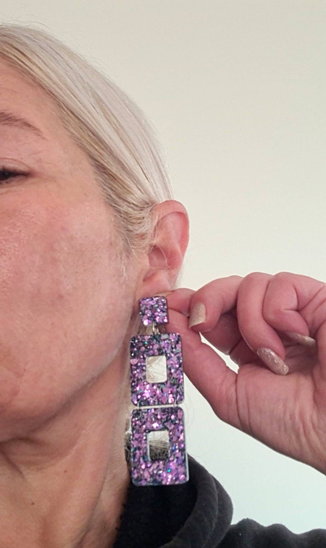 Long Square Earrings, Long Resin Dangles, Pink, Blue Chameleon Chunky Glitter Earrings, Changes colours from Pink to Blue as they move