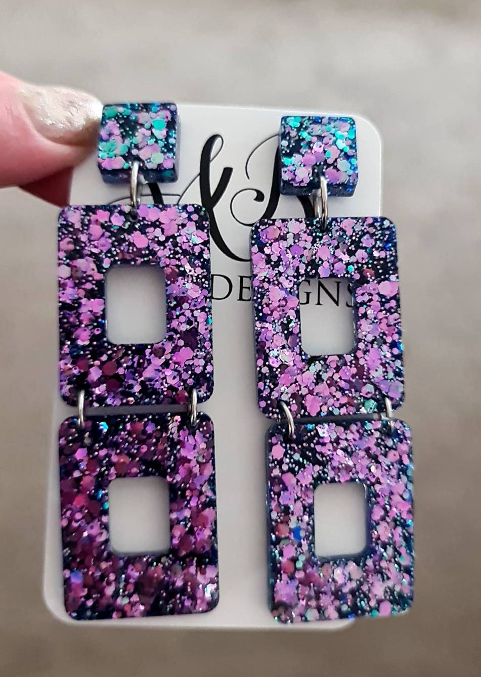 Long Square Earrings, Long Resin Dangles, Pink, Blue Chameleon Chunky Glitter Earrings, Changes colours from Pink to Blue as they move