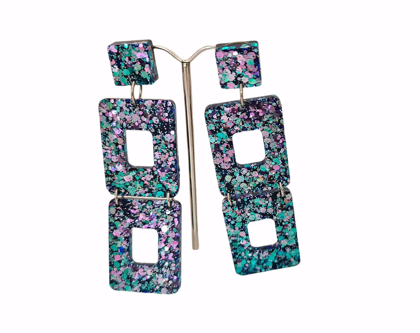 Long Square Earrings, Long Resin Dangles, Pink, Blue Chameleon Chunky Glitter Earrings, Changes colours from Pink to Blue as they move