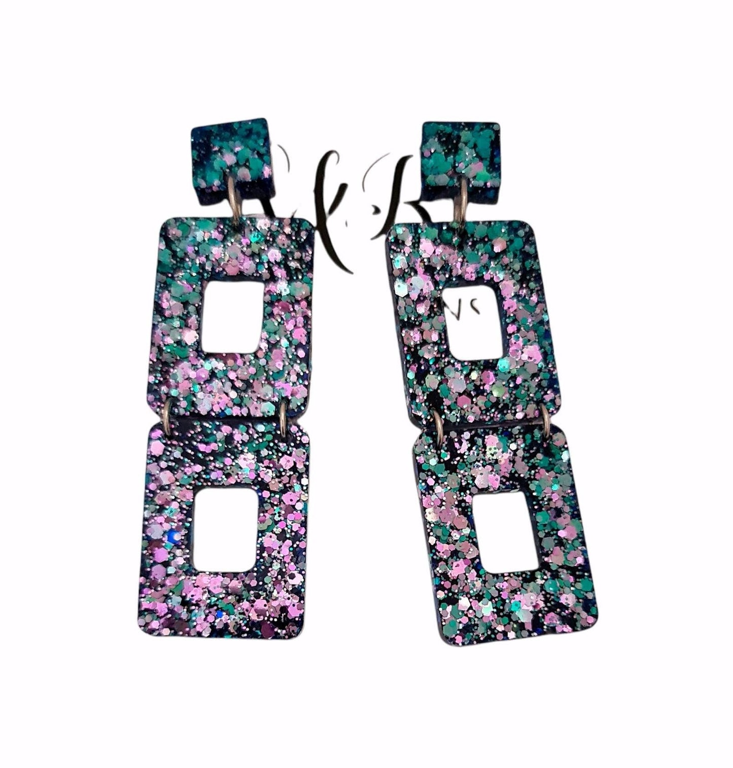 Long Square Earrings, Long Resin Dangles, Pink, Blue Chameleon Chunky Glitter Earrings, Changes colours from Pink to Blue as they move