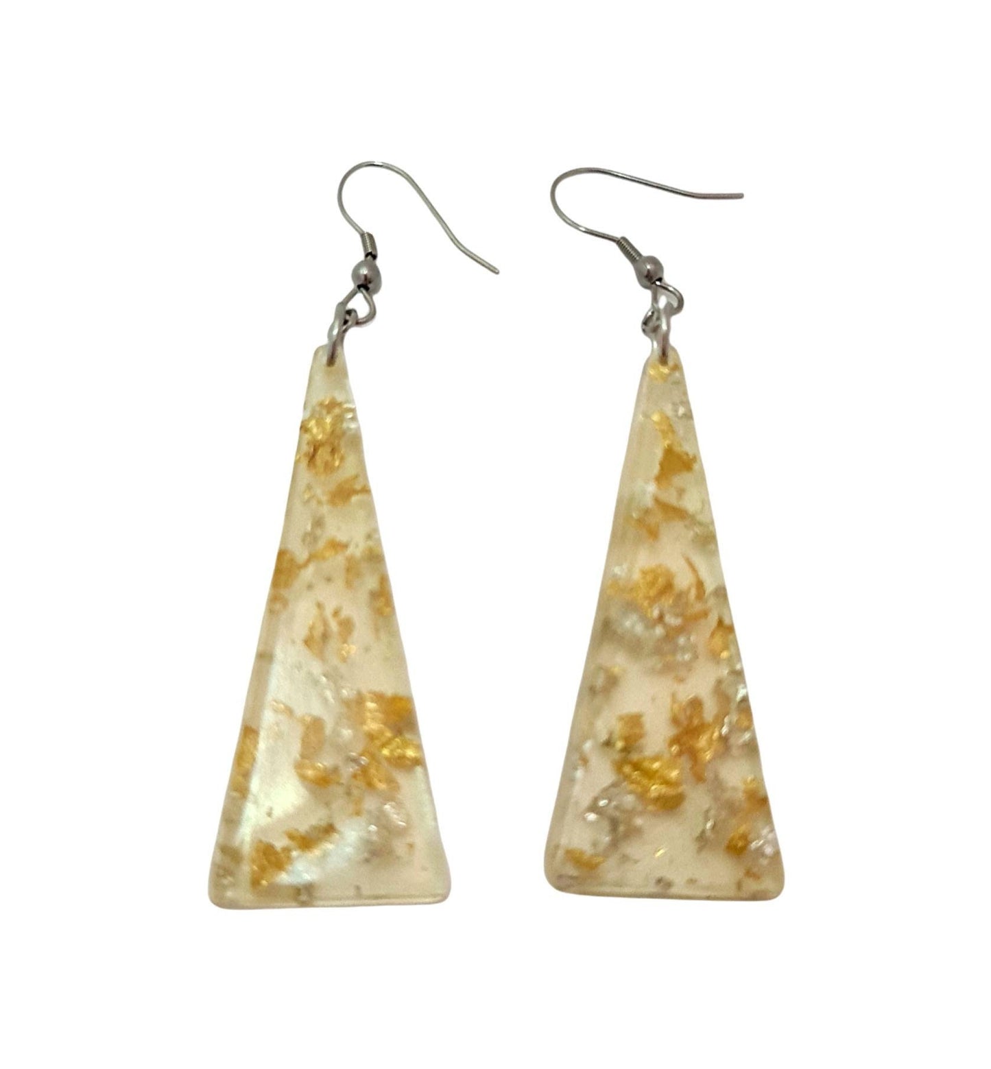 Resin Dangle Earrings, Light Gold Silver Leaf Mix Triangle Dangle Earrings Stainless Steel, Statement Earrings