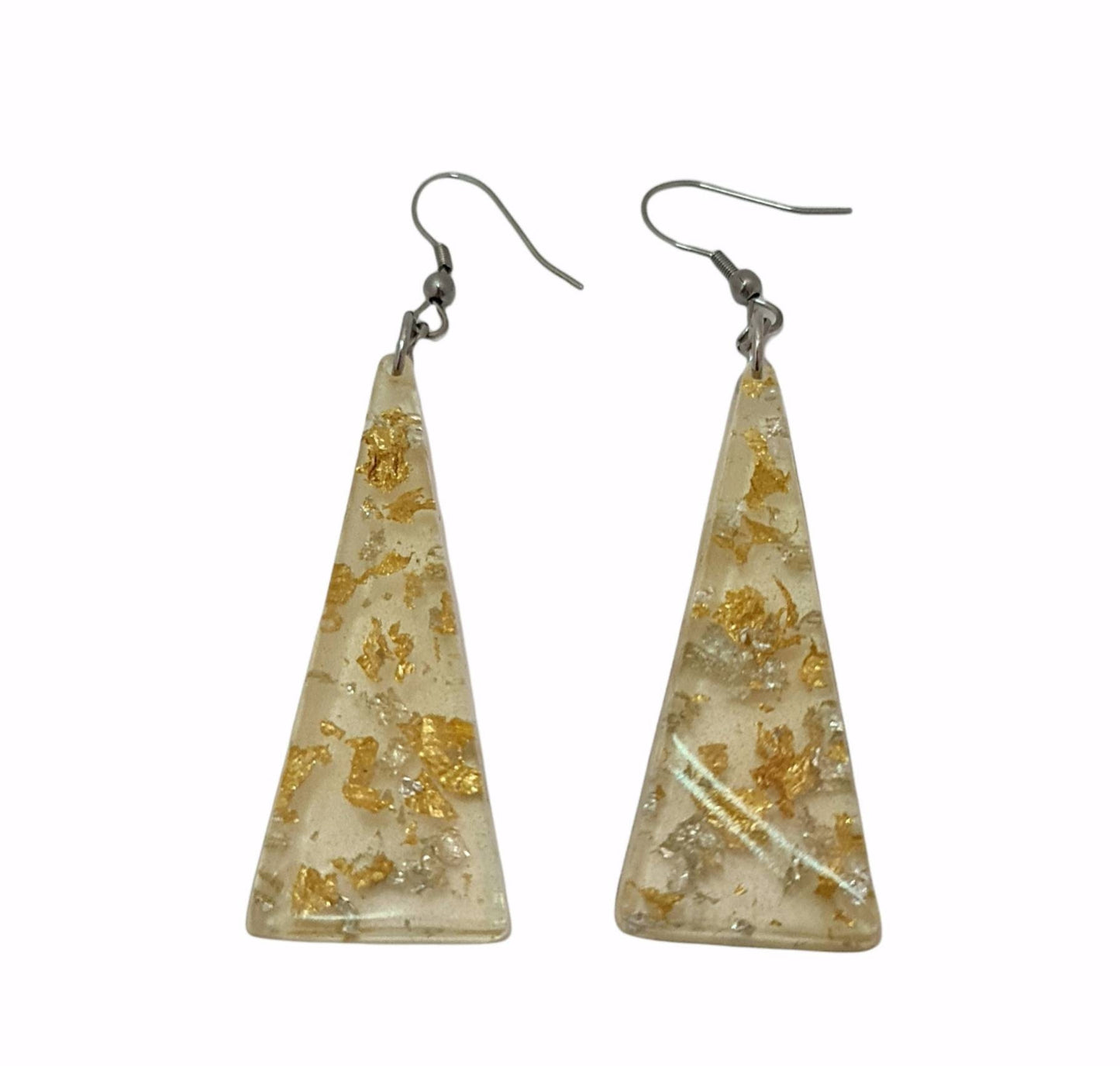 Resin Dangle Earrings, Light Gold Silver Leaf Mix Triangle Dangle Earrings Stainless Steel, Statement Earrings