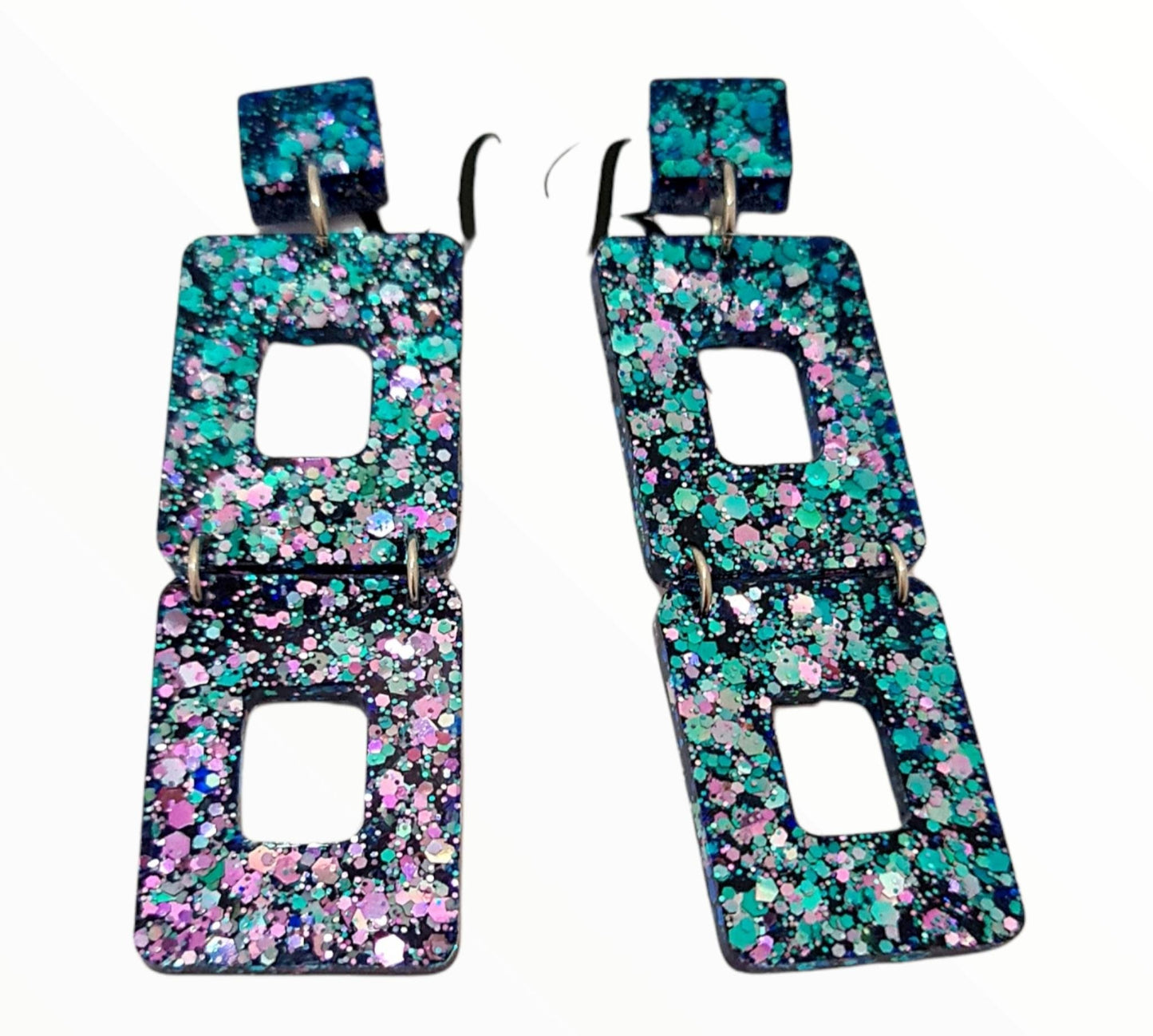 Long Square Earrings, Long Resin Dangles, Pink, Blue Chameleon Chunky Glitter Earrings, Changes colours from Pink to Blue as they move