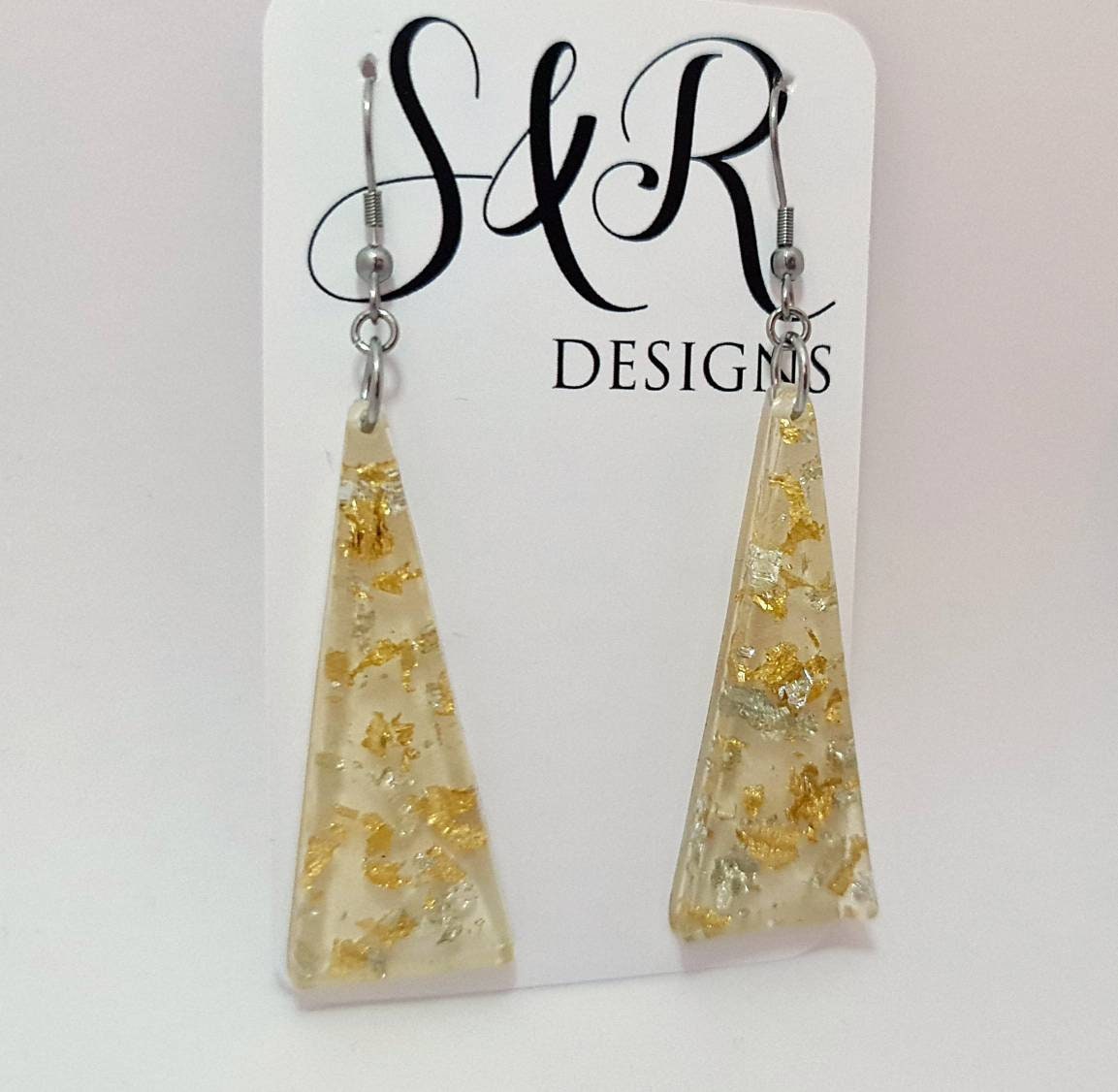 Resin Dangle Earrings, Light Gold Silver Leaf Mix Triangle Dangle Earrings Stainless Steel, Statement Earrings
