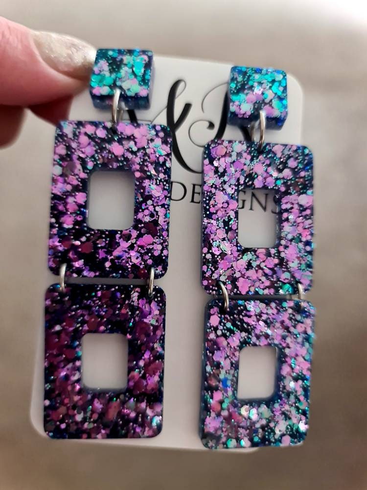 Long Square Earrings, Long Resin Dangles, Pink, Blue Chameleon Chunky Glitter Earrings, Changes colours from Pink to Blue as they move