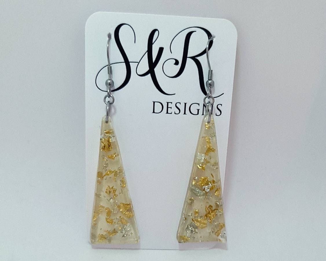Resin Dangle Earrings, Light Gold Silver Leaf Mix Triangle Dangle Earrings Stainless Steel, Statement Earrings