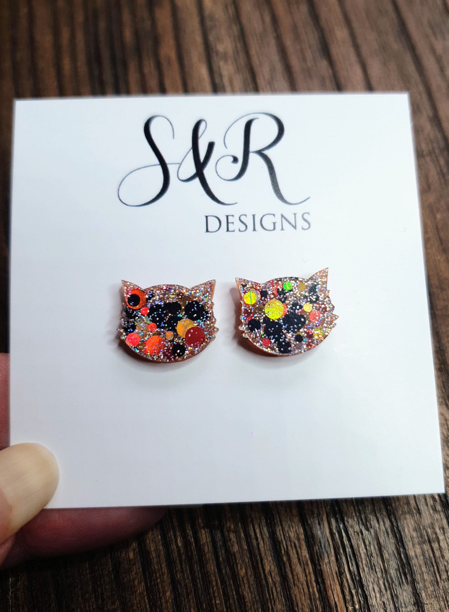 Fall Glitz Cat Earrings, Orange Black Gold Holographic Glitter Resin Stud Earrings, Cat Earrings made with Stainless Steel