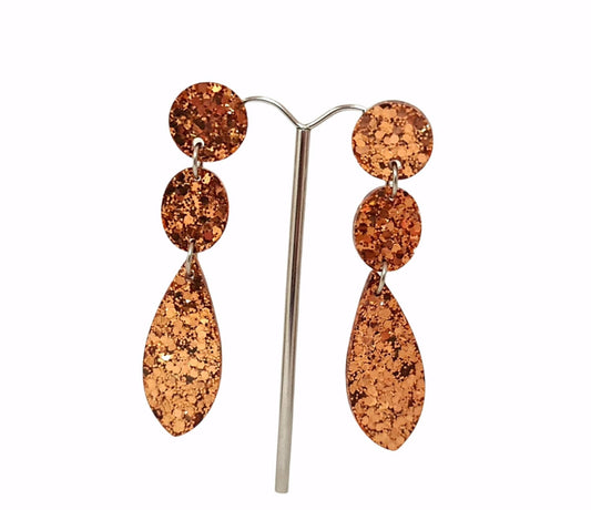 Long Circle Glamour Teardrop Dangle Earrings, Statement Earrings, Rosegold Copper Glitter Dangle Stud Earrings