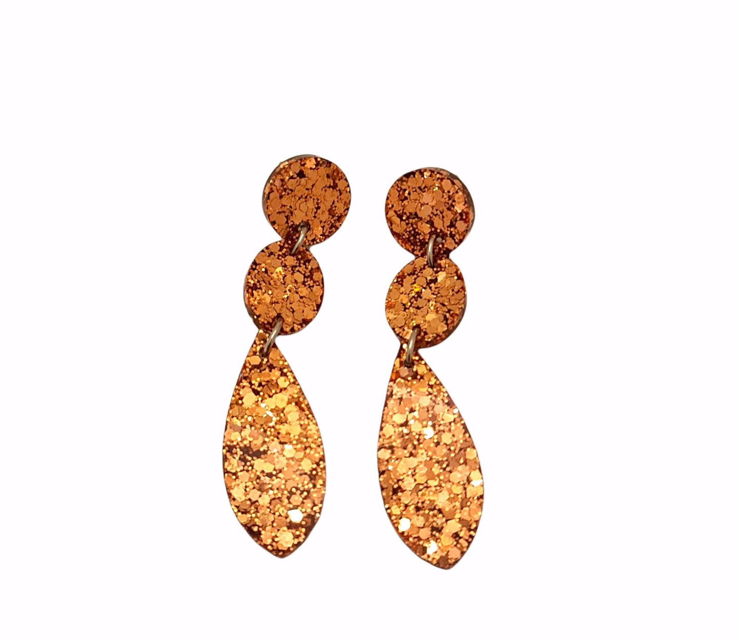 Long Circle Glamour Teardrop Dangle Earrings, Statement Earrings, Rosegold Copper Glitter Dangle Stud Earrings