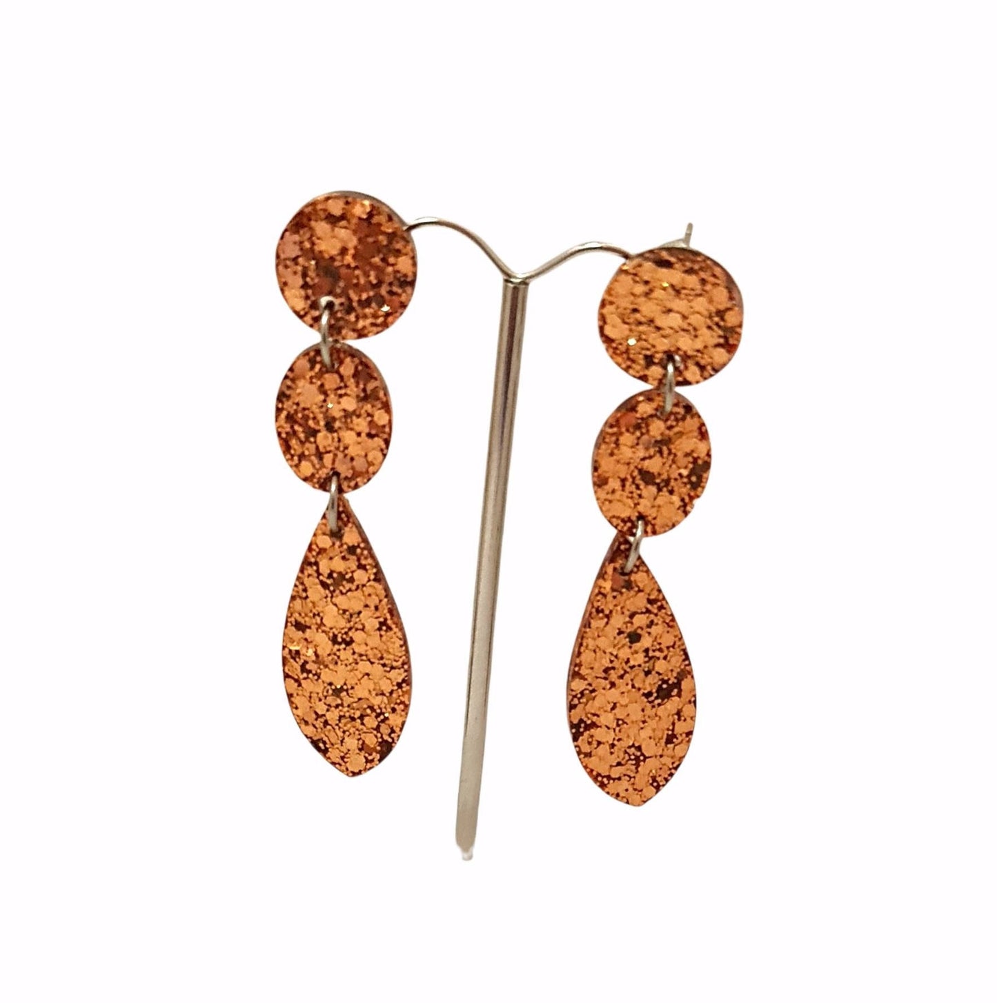 Long Circle Glamour Teardrop Dangle Earrings, Statement Earrings, Rosegold Copper Glitter Dangle Stud Earrings