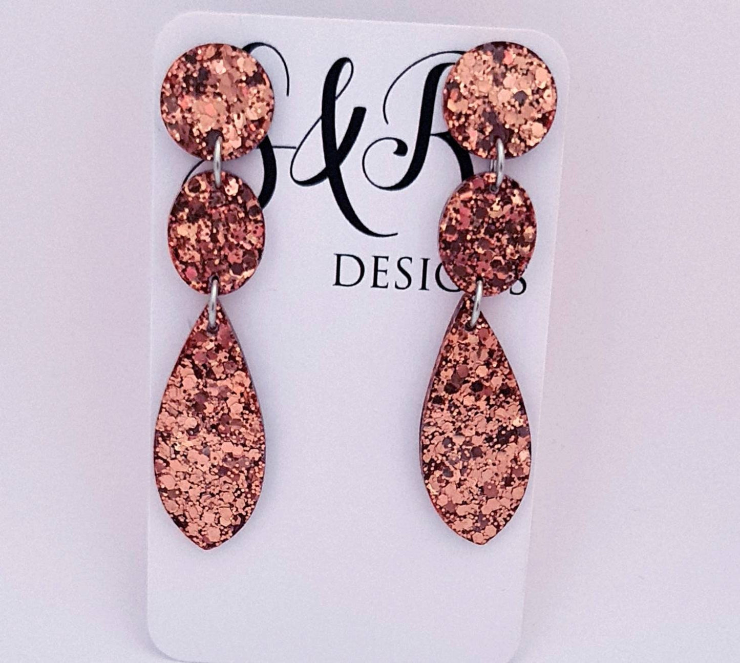 Long Circle Glamour Teardrop Dangle Earrings, Statement Earrings, Rosegold Copper Glitter Dangle Stud Earrings