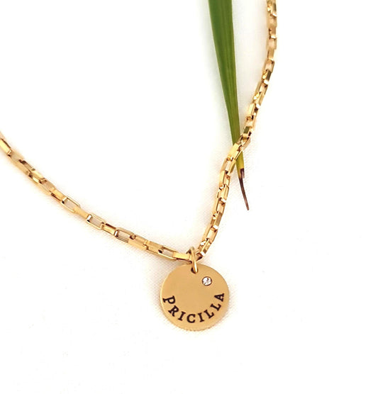 Custom Personalised Name Disc Round Necklace, CZ  Circle Disc Personalized Gift, Choose colour 316 Silver or 18Ct Gold PVD. 12mm Disc