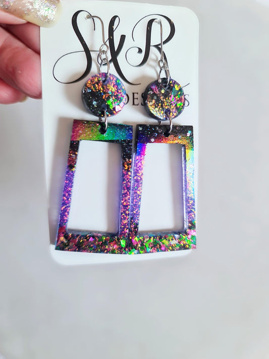 Rectangle Long Dangle Earrings, Two Tone Blue Glitter Resin Dangle Statement Earrings