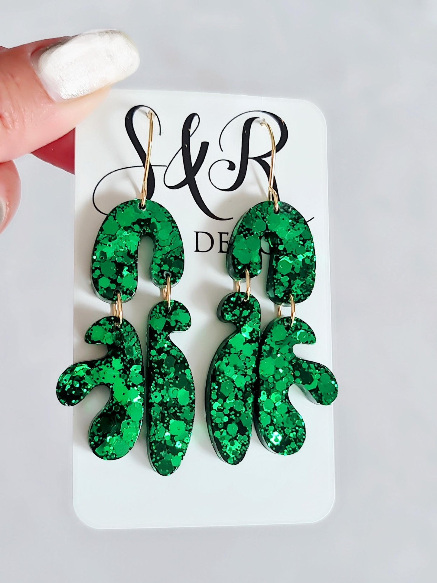 Unique Emerald Green Fluer Design Eattings, Multi Shape Dangle Long Drops, Blue Green Chameleon White Glass  Mix Glitter, Statement Handmade