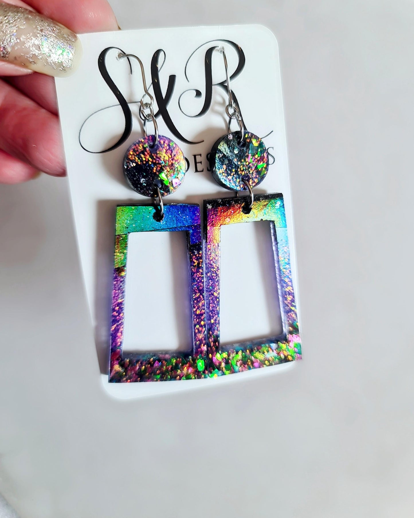 Rectangle Long Dangle Earrings, Two Tone Blue Glitter Resin Dangle Statement Earrings