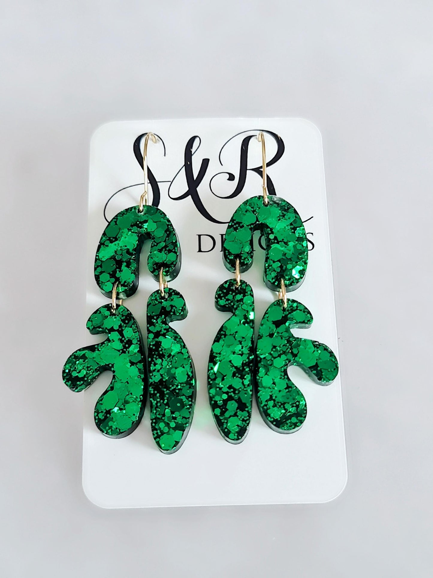 Unique Emerald Green Fluer Design Eattings, Multi Shape Dangle Long Drops, Blue Green Chameleon White Glass  Mix Glitter, Statement Handmade
