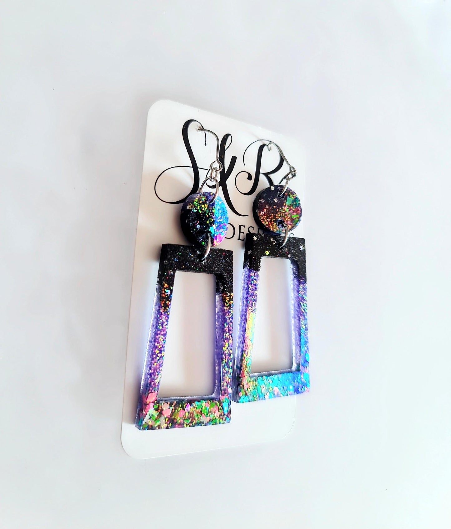 Rectangle Long Dangle Earrings, Two Tone Blue Glitter Resin Dangle Statement Earrings