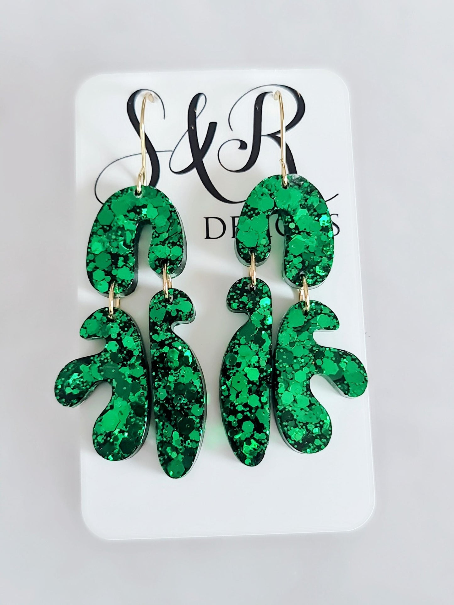 Unique Emerald Green Fluer Design Eattings, Multi Shape Dangle Long Drops, Blue Green Chameleon White Glass  Mix Glitter, Statement Handmade