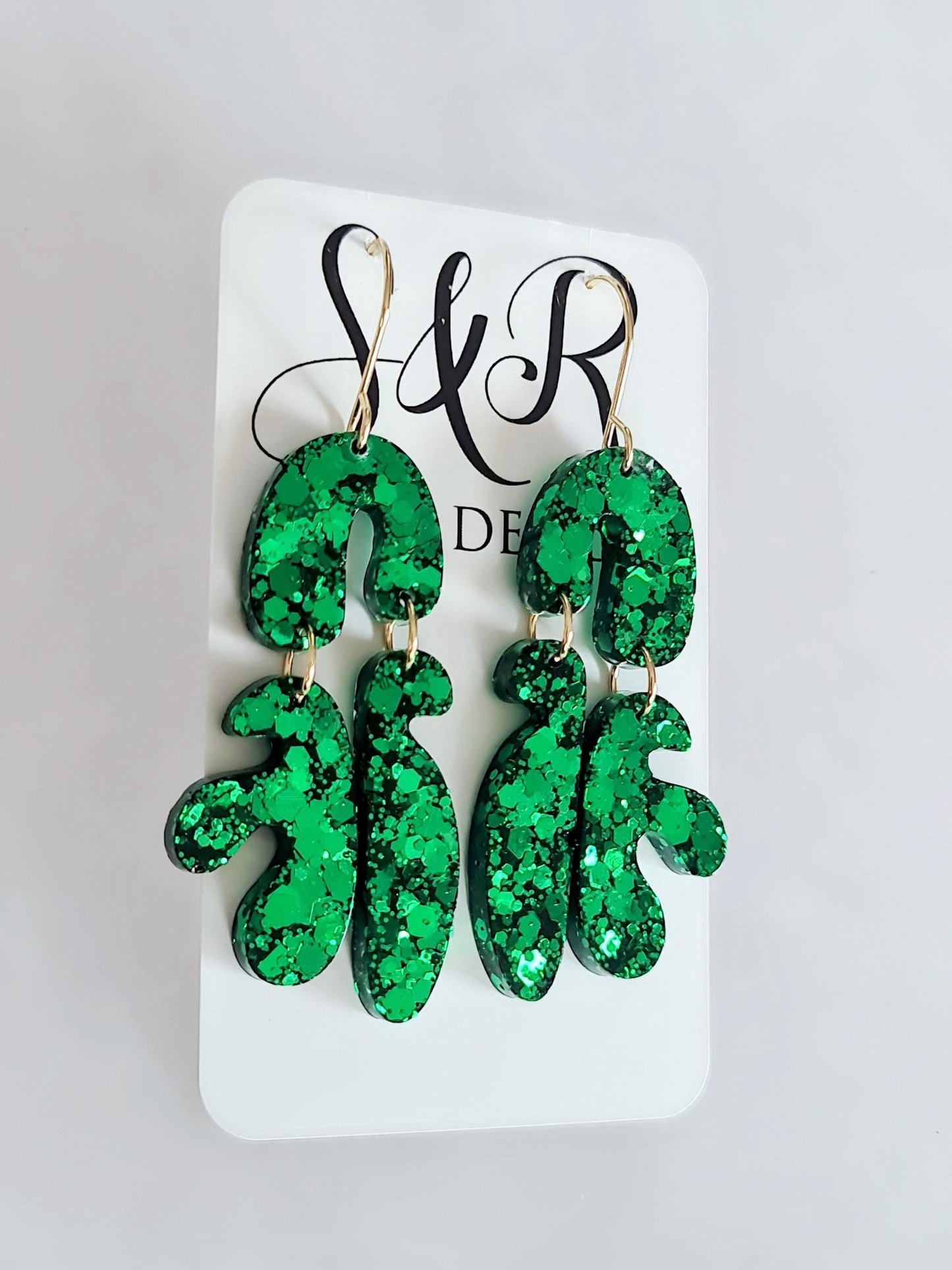 Unique Emerald Green Fluer Design Eattings, Multi Shape Dangle Long Drops, Blue Green Chameleon White Glass  Mix Glitter, Statement Handmade
