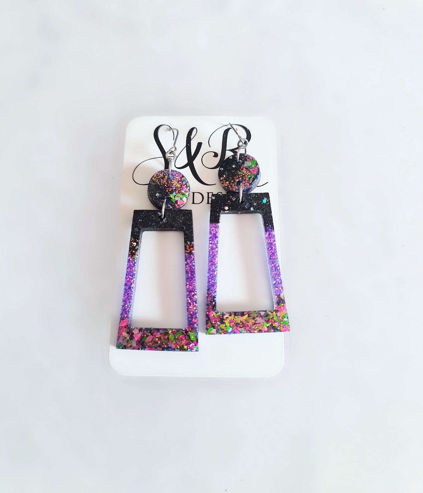 Rectangle Long Dangle Earrings, Two Tone Blue Glitter Resin Dangle Statement Earrings