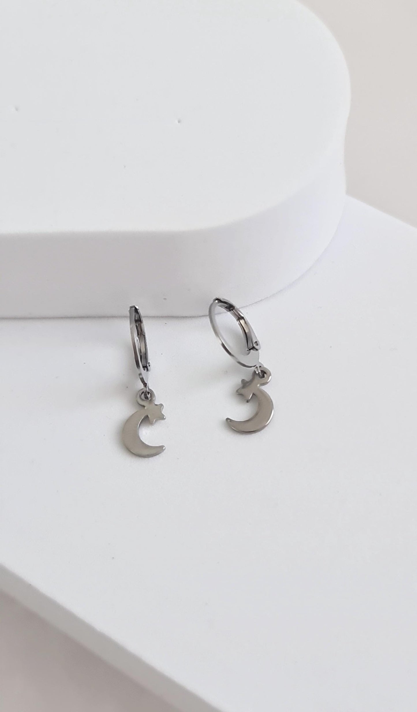 Silver Star Moon Leverback Earrings, Stainless Steel Dangle Leverback, threaders or Hook Earrings. Hypoallergenic Waterproof Jewellery