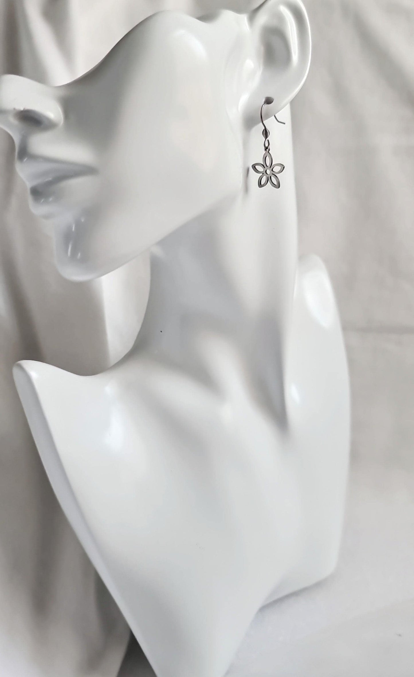 Silver Flower Earrings, Gold Flower Leverback Earrings, Silver Stainless Steel Dangle Leverback or Earwire Earrings, Hypoallergenic.