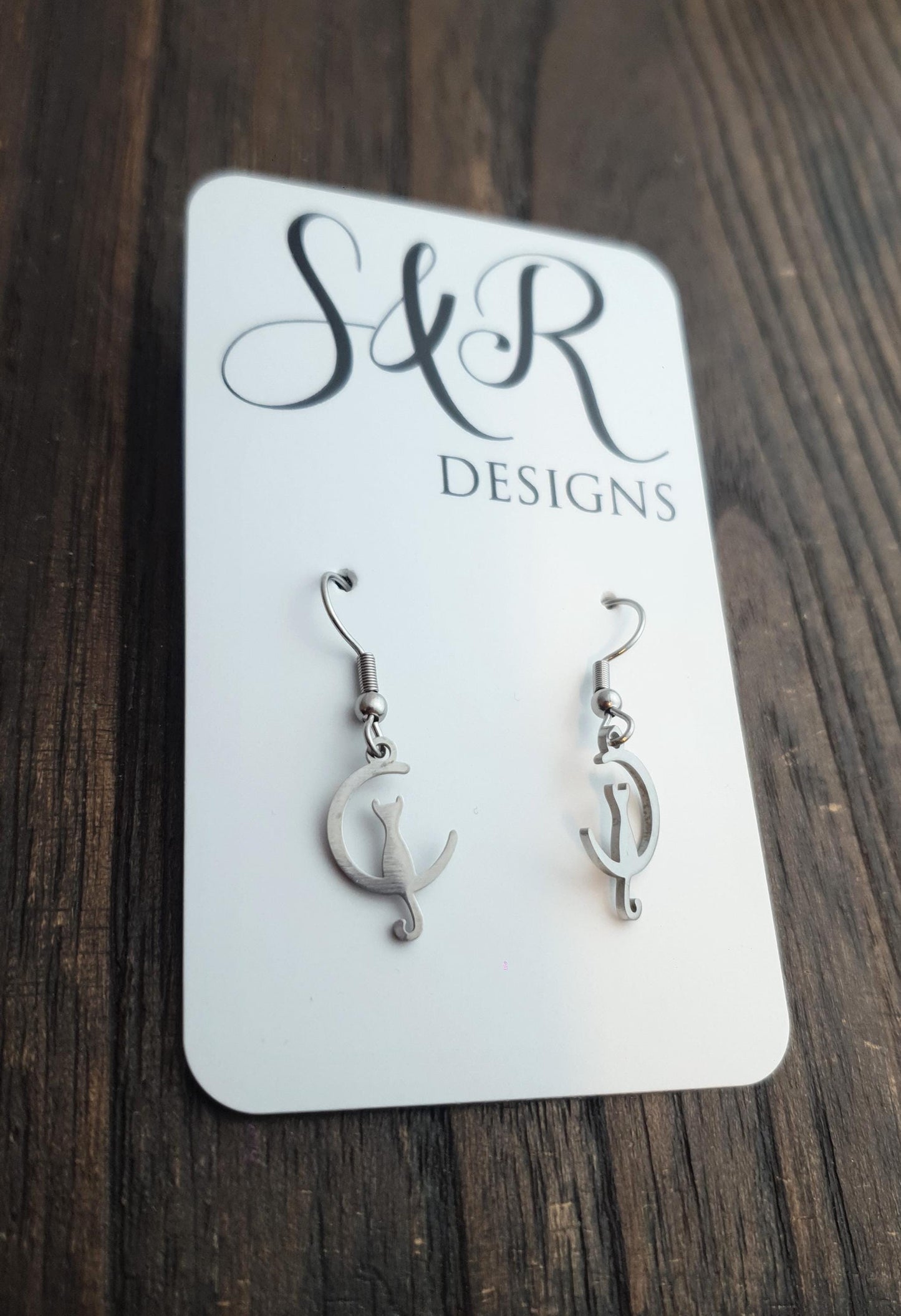 Silvet Cat on Moon Leverback Earrings, Cat Earrings, Stainless Steel Dangle Leverback, threaders or Hook Earrings. Waterproof