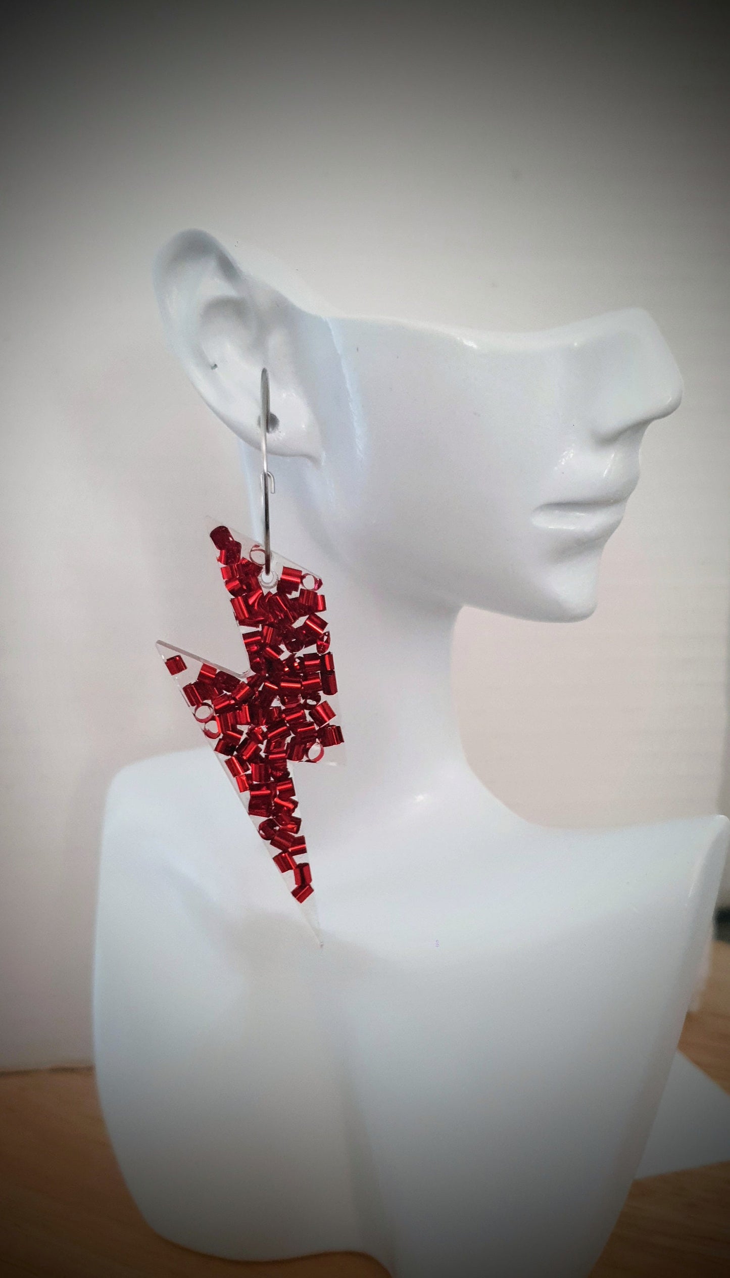 Red Lightning Bolt Hoop Earrings, Large Resin Earrings, Metalic Red Glitter Dangles, Stainless Steel Hypoallergenic Earrings