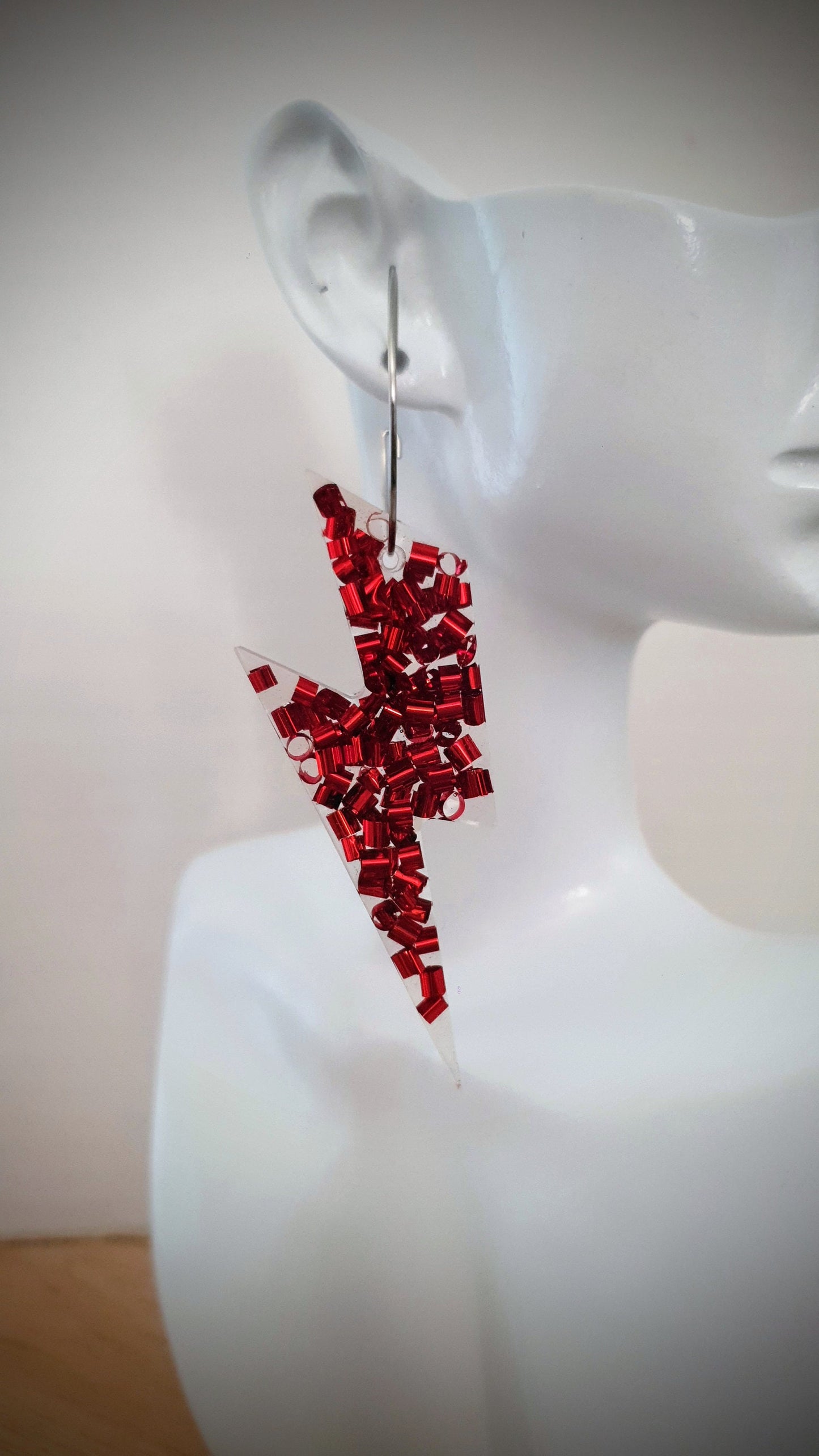 Red Lightning Bolt Hoop Earrings, Large Resin Earrings, Metalic Red Glitter Dangles, Stainless Steel Hypoallergenic Earrings