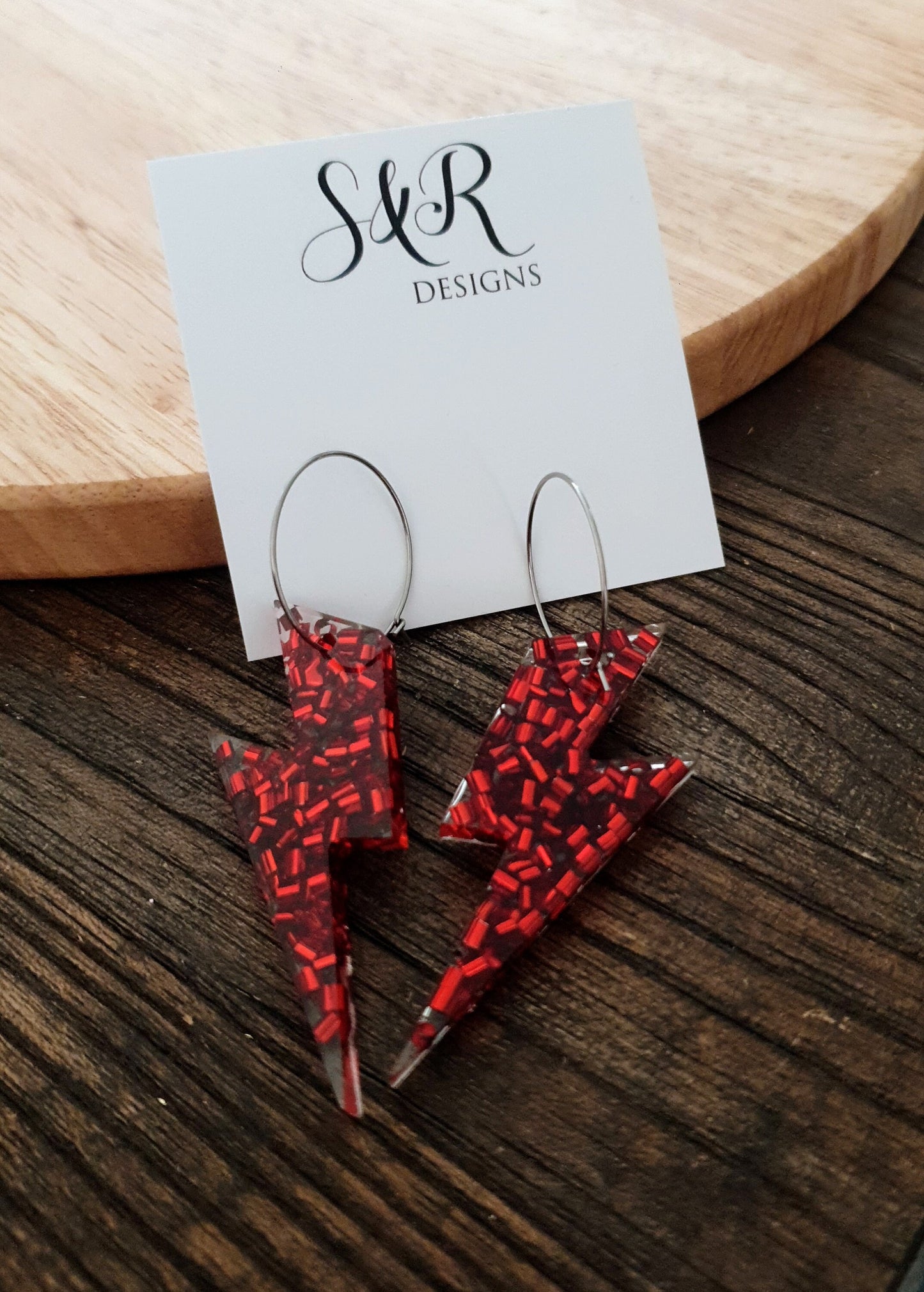 Red Lightning Bolt Hoop Earrings, Large Resin Earrings, Metalic Red Glitter Dangles, Stainless Steel Hypoallergenic Earrings