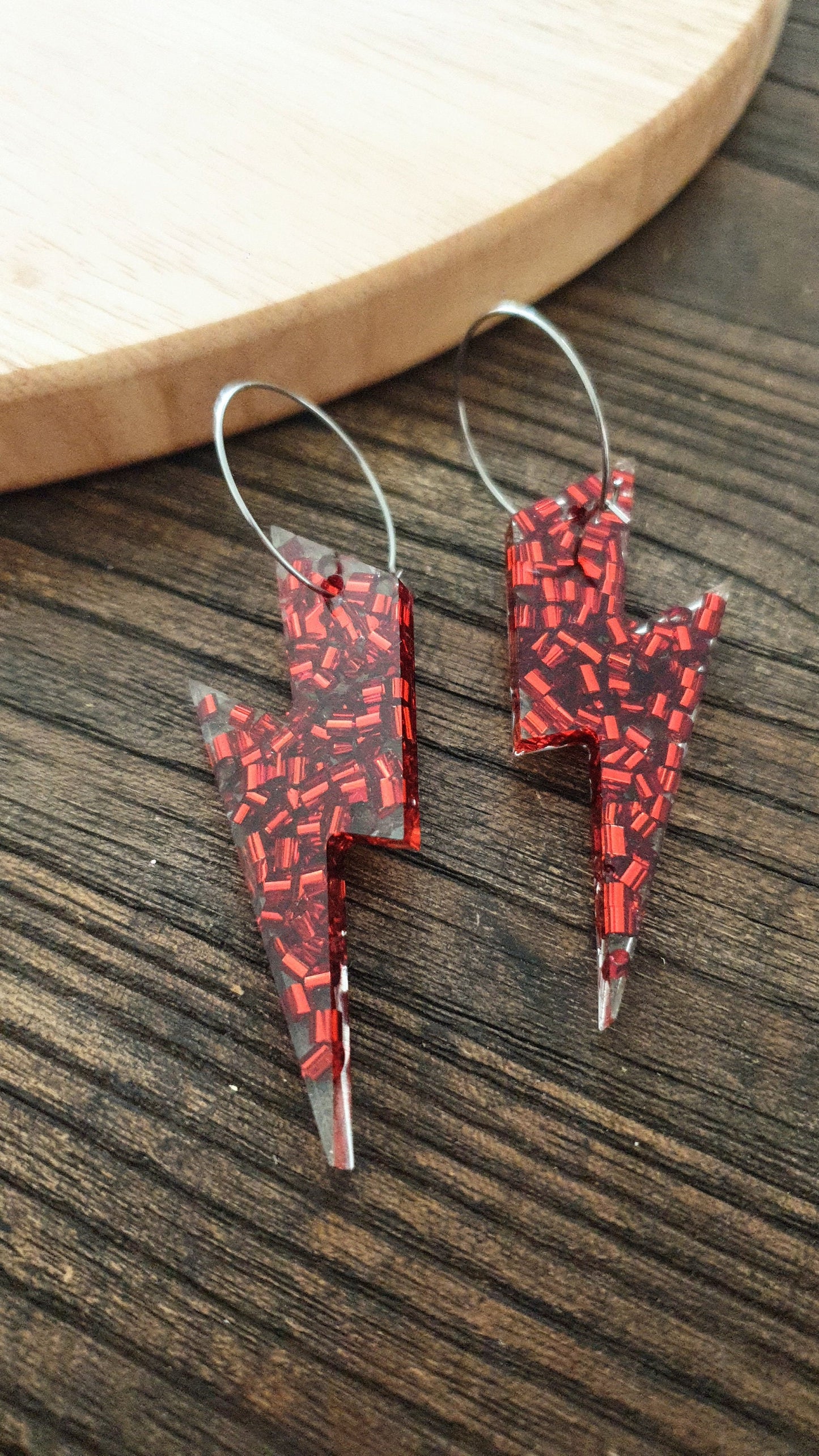 Red Lightning Bolt Hoop Earrings, Large Resin Earrings, Metalic Red Glitter Dangles, Stainless Steel Hypoallergenic Earrings