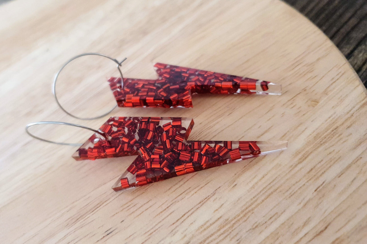 Red Lightning Bolt Hoop Earrings, Large Resin Earrings, Metalic Red Glitter Dangles, Stainless Steel Hypoallergenic Earrings